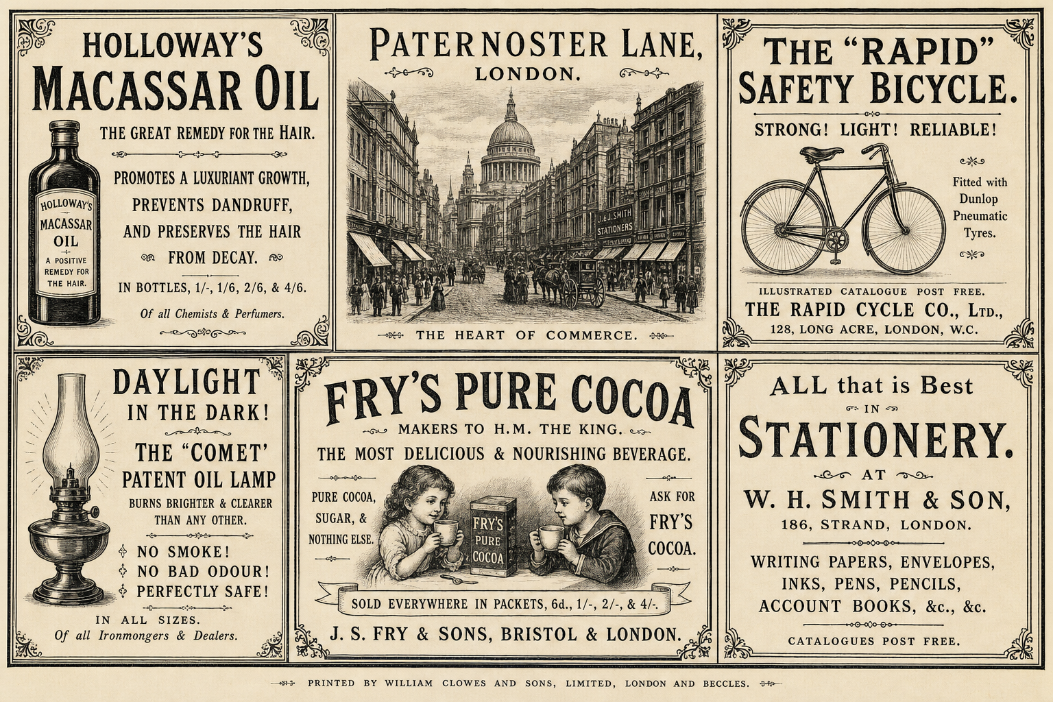 Humorous 1901 London broadsheet advertisements including Macassar Oil and Paternoster Lane