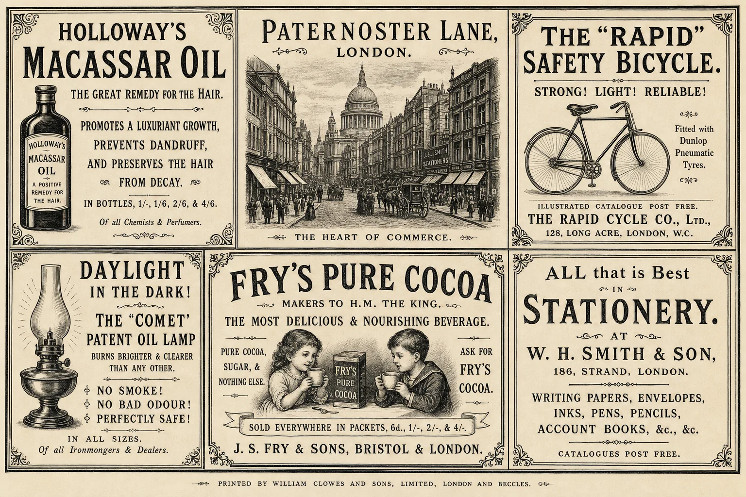 Humorous 1901 London broadsheet advertisements including Macassar Oil and Paternoster Lane