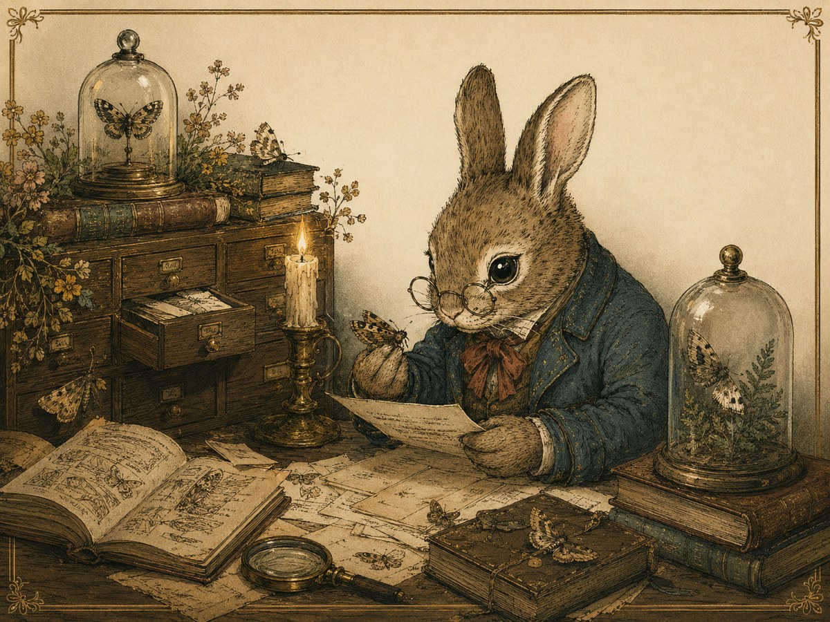 A candlelit naturalist desk with drawers, moths under glass, papers, books, and a rabbit in spectacles.