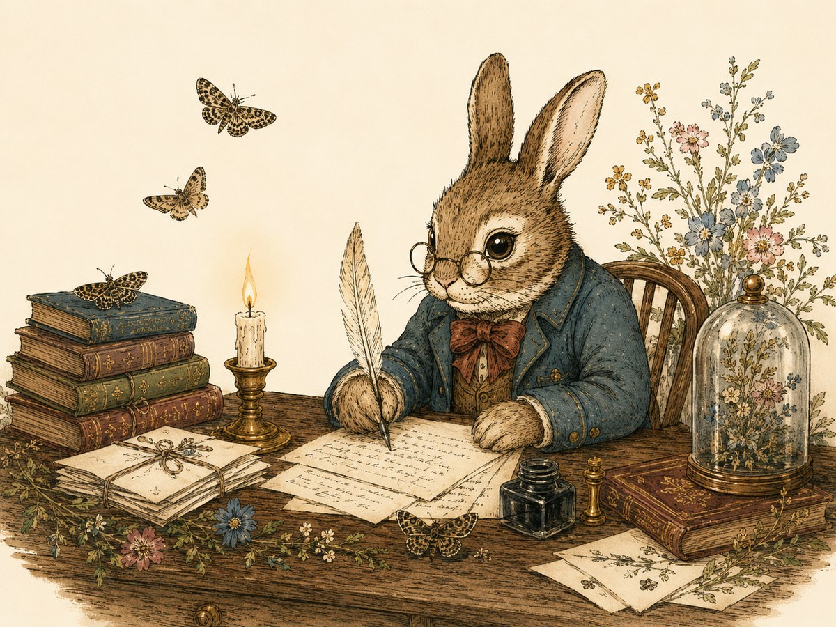 A spectacled rabbit writes left-handed at a desk with books, moths, flowers, a candle, and papers.